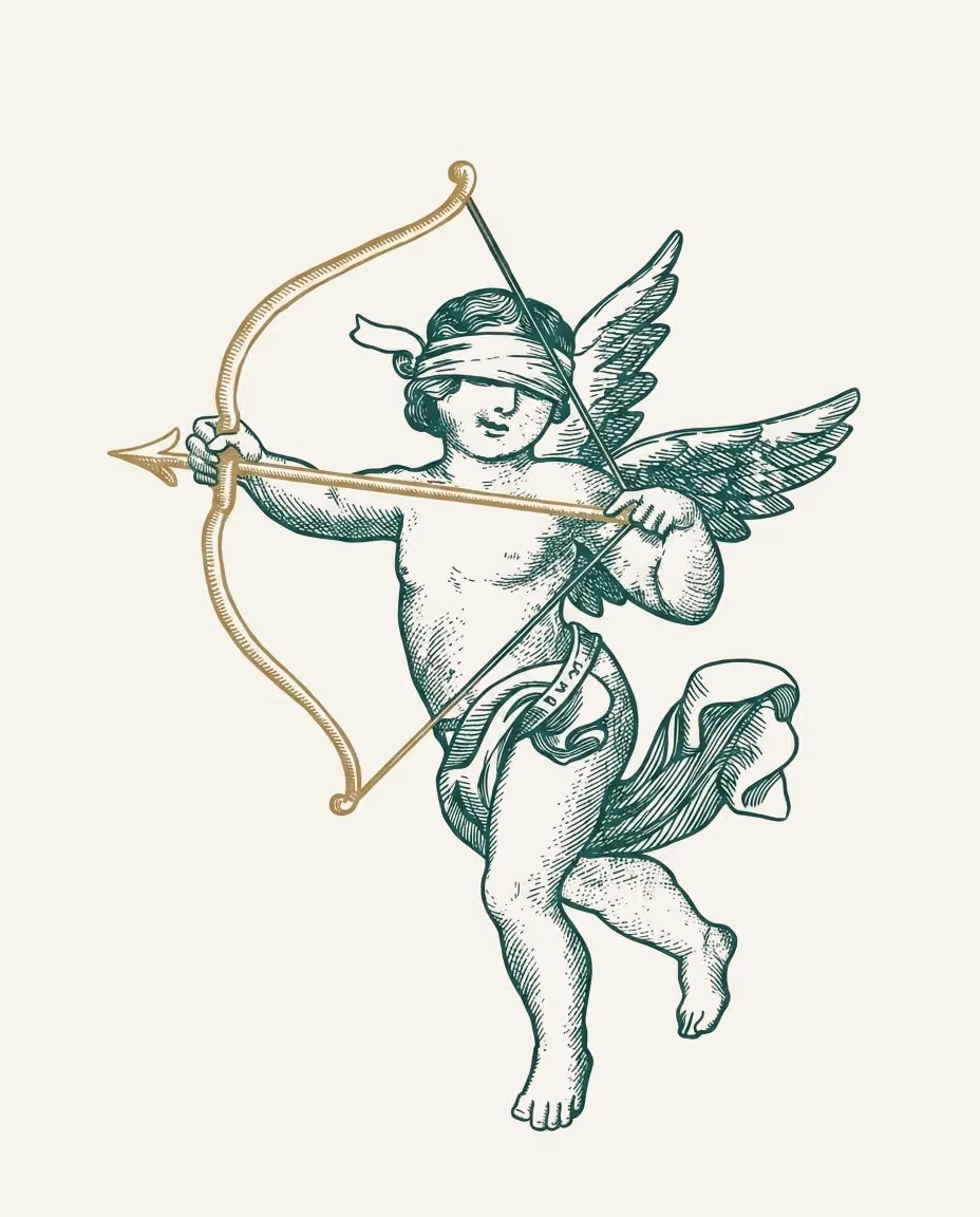 Incisione: un putto alato con gli occhi bendati, in piedi a figura intera, con arco e freccia dorati fra le mani.