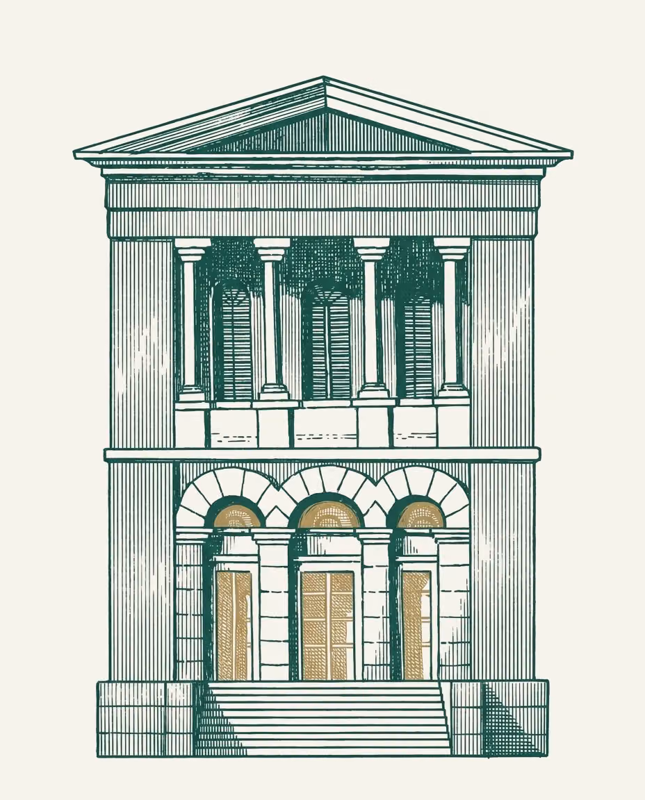 Incisione: la facciata di un palazzo neoclassico vista di fronte, con il timpano, il colonnato al piano superiore e tre porte ad arco illuminate d'oro in cima a una scalinata.