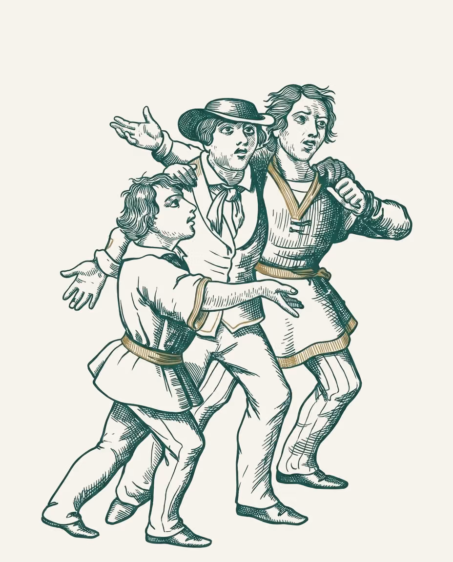 Incisione: tre uomini in abiti ottocenteschi, agitati e in movimento, con cinture e bordature dorate sui costumi.