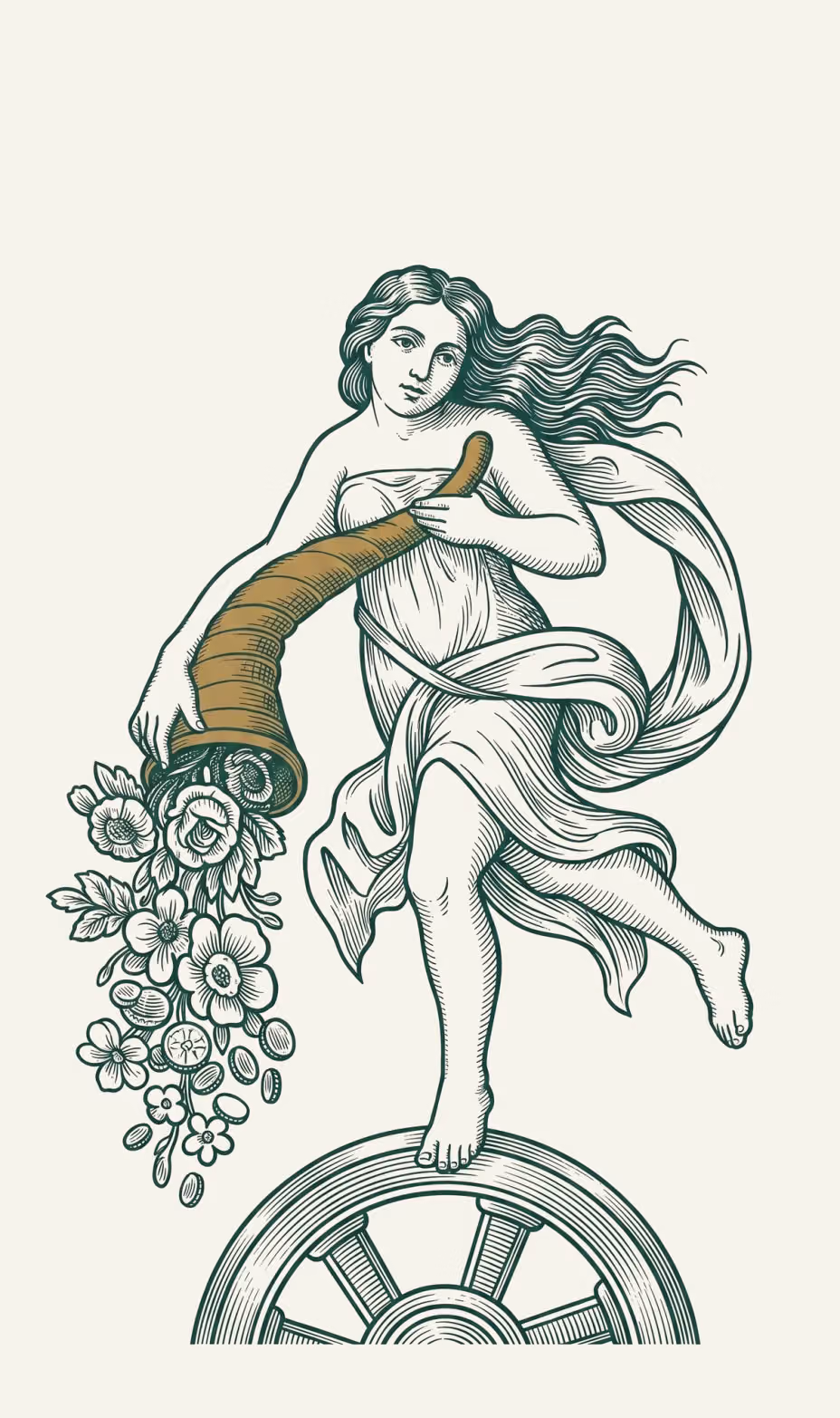 Incisione: una figura alata in equilibrio su una ruota, con il corno dell'abbondanza dorato da cui escono fiori e monete.