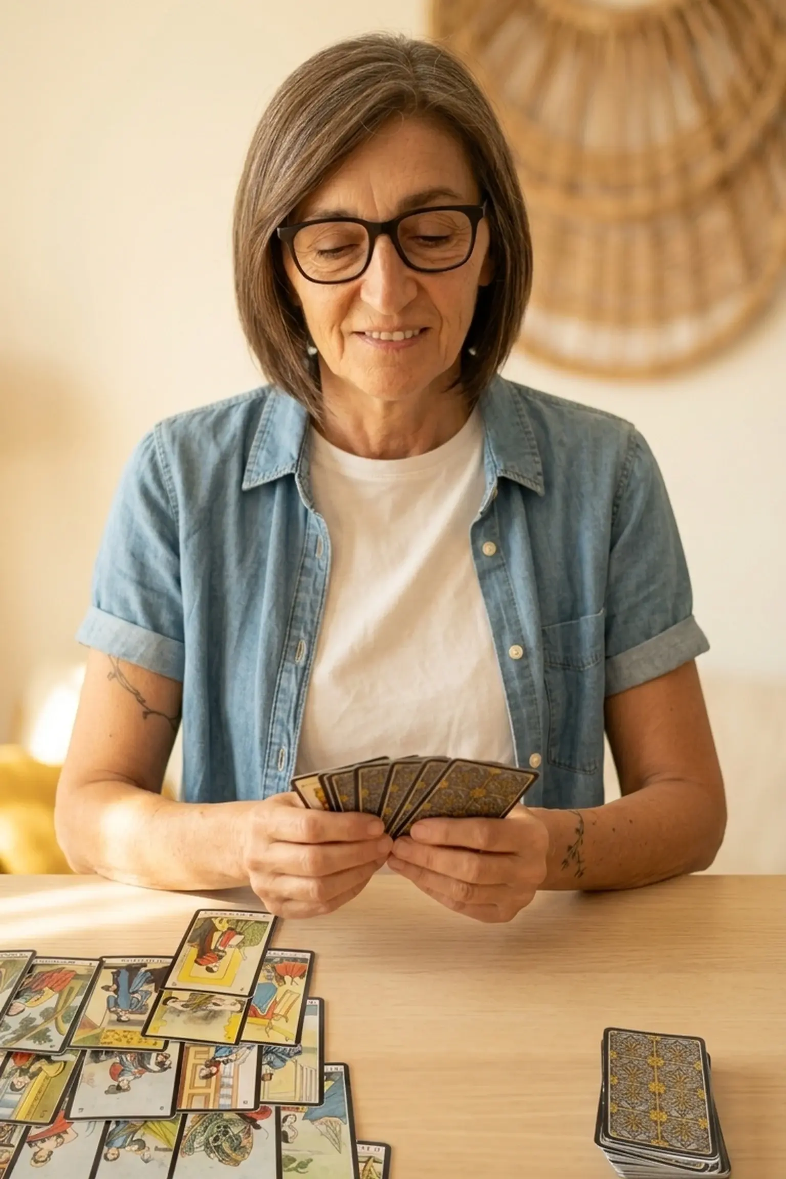 Gessica seduta al tavolo con un ventaglio di sibille in mano, le guarda sorridendo; davanti a lei le carte stese, accanto il mazzo