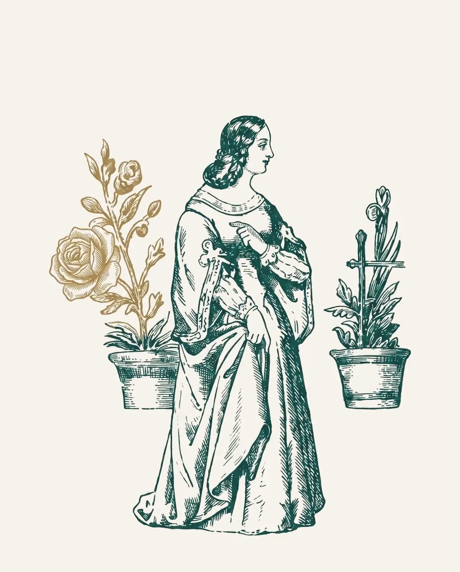Incisione: una giovane donna in piedi accanto a piante in vaso; in uno dei vasi, una rosa dorata.