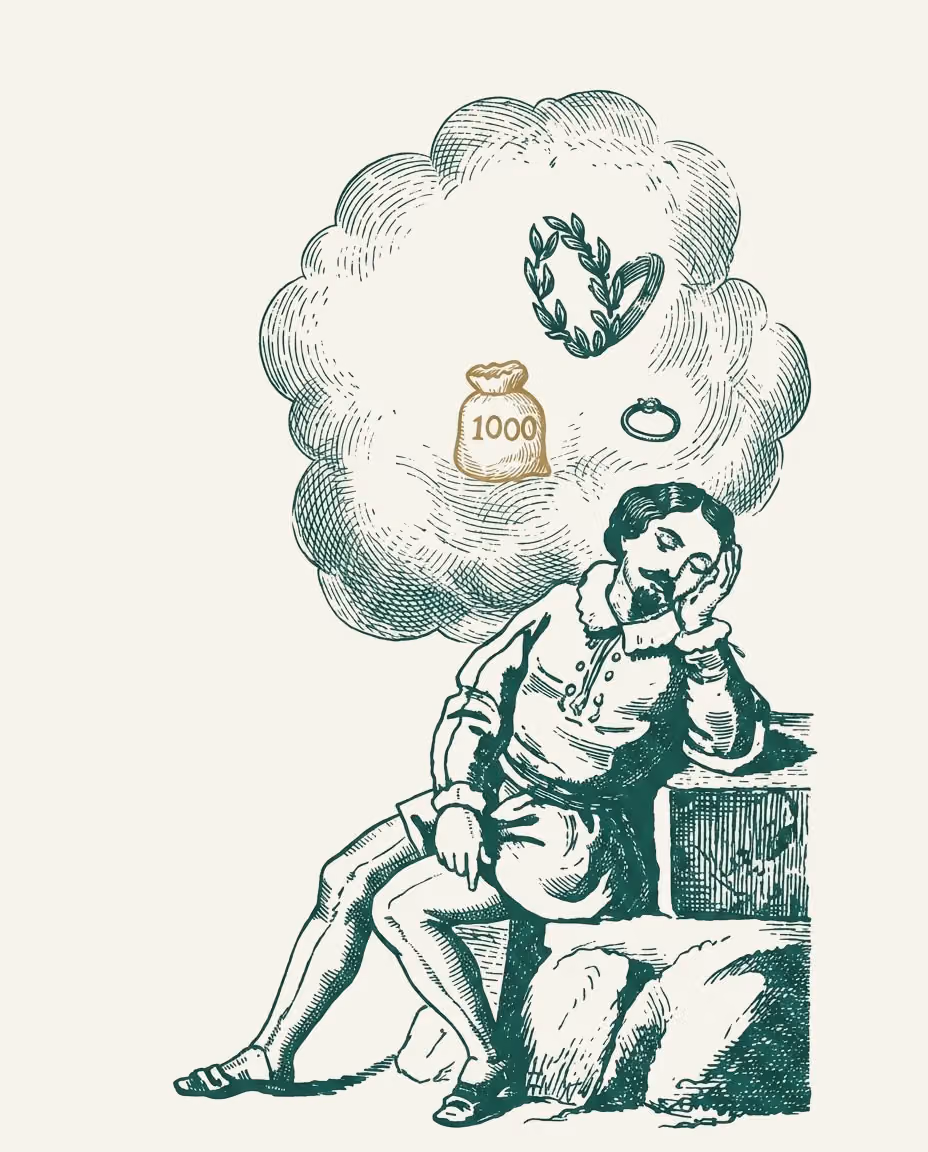 Incisione: un uomo assopito e, sopra di lui, una nuvola di sogno con una corona d'alloro, un anello e un sacchetto di monete dorato.