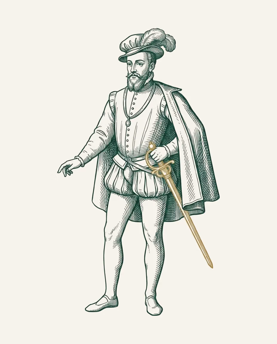 Incisione: un nobiluomo in piedi con il cappello piumato e il mantello, una spada dorata al fianco.
