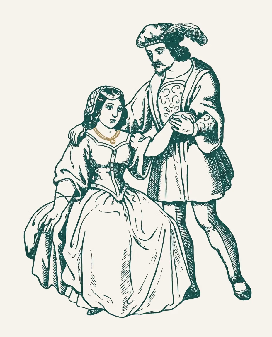 Incisione: un uomo in piedi che tiene le mani di una donna seduta; lei porta una collana dorata.
