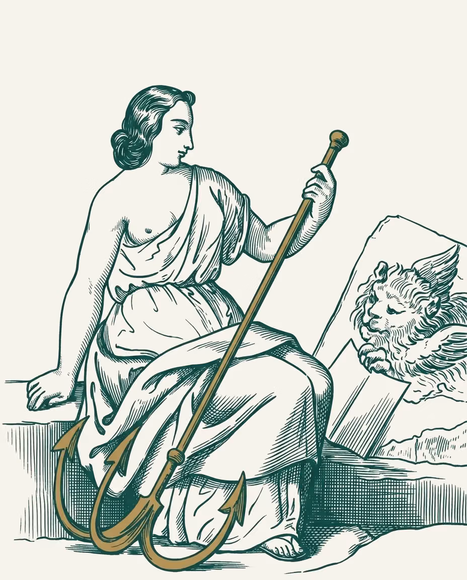 Incisione: una figura seduta appoggiata a un'àncora dorata, accanto a un emblema di pietra.