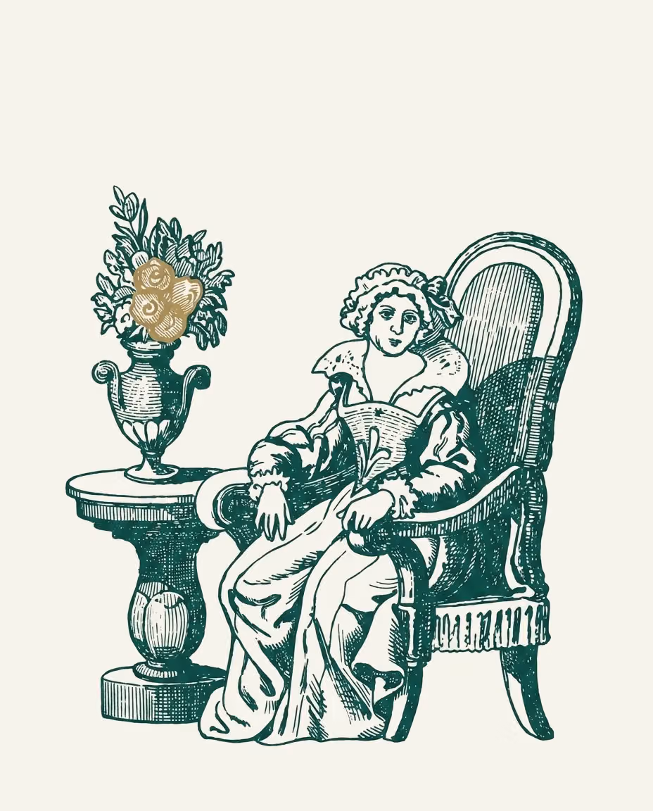 Incisione: una donna anziana seduta in poltrona accanto a un tavolino; nel vaso, rose dorate.